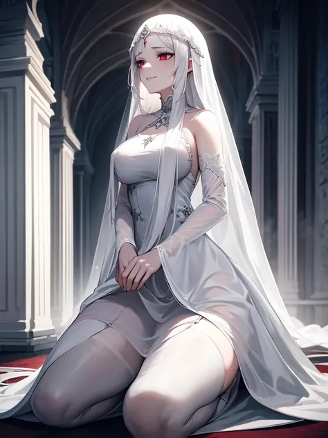 Beautiful, majestic, melancholic, woman, solo-girl, long white hair, pale white skin, red eyes, sad smile, (white dress:1.1), (white veil:1.1), kneeling, dark ancient temple in background, rays of moonlight