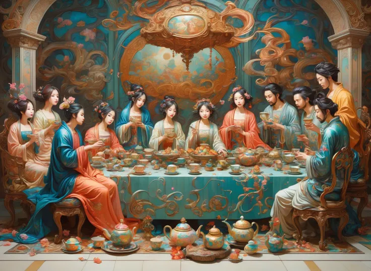 there is a painting，the painting shows a family sitting at a table, last supper作文, last supper, neo rococo expressionist风格, anim...