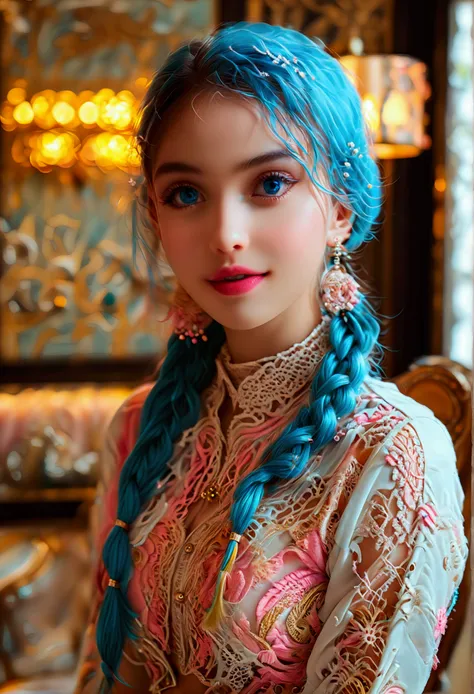 ultra photorealistic, beautiful 17 year old woman, has a mix of asian and german looks, pigtail, blue hair color combination of ...