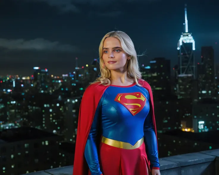 cinematic film still of ((millie gibson)) as supergirl ,wearing supergirl suit, standing on a roof top overlooking a city ,look ...