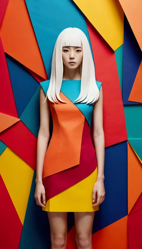 paper art、Colored paper、colorful girl， shift dresses，long whitr hair， abstract backgrounds、Abstract characters