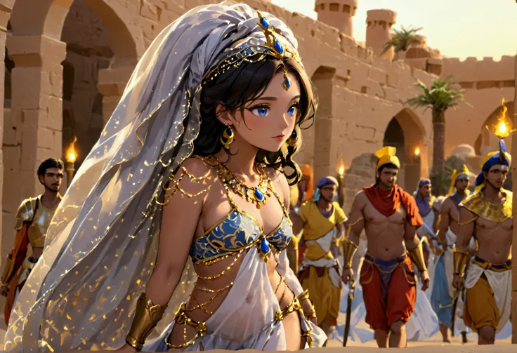 Arabian woman (top model, age 25, many fine layers of airy sheer fabric, Arabian princess) walking through the desert at night. Bodyguards flank her
