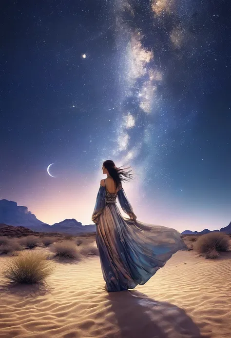 detailed night sky reflected in vast desert landscape、a complex starry sky with a crescent moon、desert princess standing in the ...