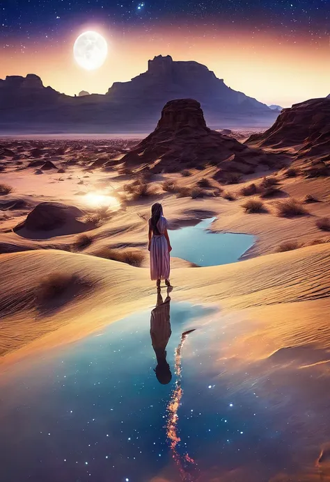 detailed night sky reflected in vast desert landscape、a complex starry sky with a crescent moon、desert princess standing in the ...