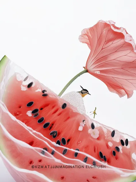 there was a watermelon，there is a bird and a flower on it, yu zhiding, amazing food illustrations, wuzhen, author：wu li, by chen...