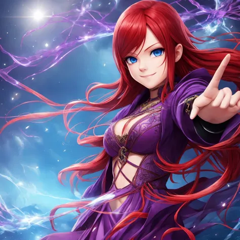 woman, detailed red hair, intense blue eyes, purple outfit, radiant smile, with hands inviting to enter