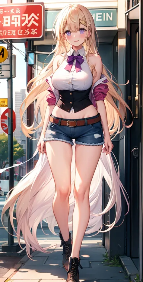 girl，large breasts，long hair，topless，bow，blonde hair, purple eyes, long hair, large breasts, belt, short jeans pants,, permanent...