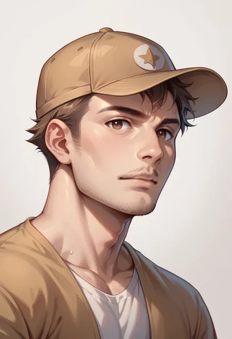 human male, brown haircut ,wearing cap hat ,