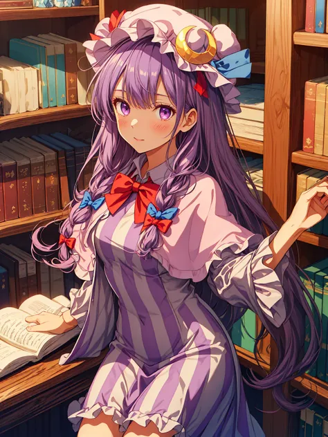 best quality, masterpiece, highres,  upper_body,  looking_at_viewer, solo, {patchouli_knowledge_touhou:1.15}, long_hair, purple_...