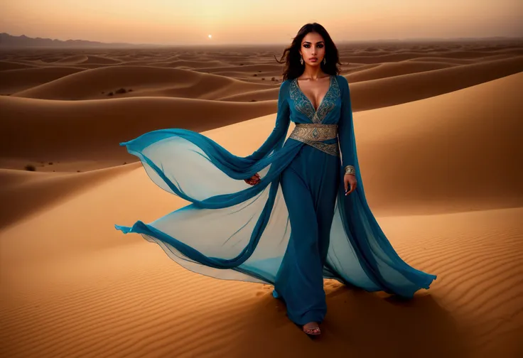 Arabian woman (top model, age 25, many fine layers of airy sheer fabric, Arabian princess) walking through the desert at night. Bodyguards flank her
