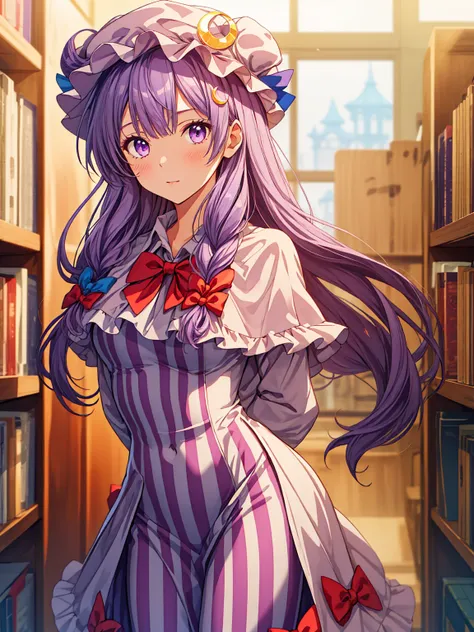 best quality, masterpiece, highres,  upper_body,  looking_at_viewer, solo, {patchouli_knowledge_touhou:1.15}, long_hair, purple_...