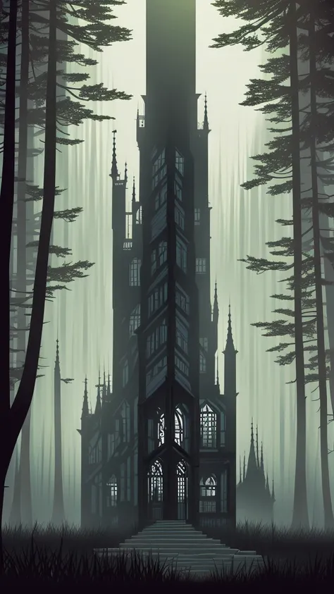 a dark mansion in a pine forest, moonlit night, tall dark silhouette of a figure, eerie atmosphere, moody lighting, detailed architectural elements, gloomy mood, dramatic shadows, photorealistic, cinematic, muted color palette, gothic, horror, mystery, mon...