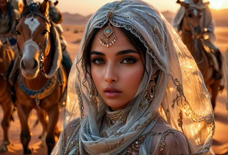 a beautiful young arabian woman, 25 years old, walking through the desert at night, wearing many fine layers of airy sheer fabri...