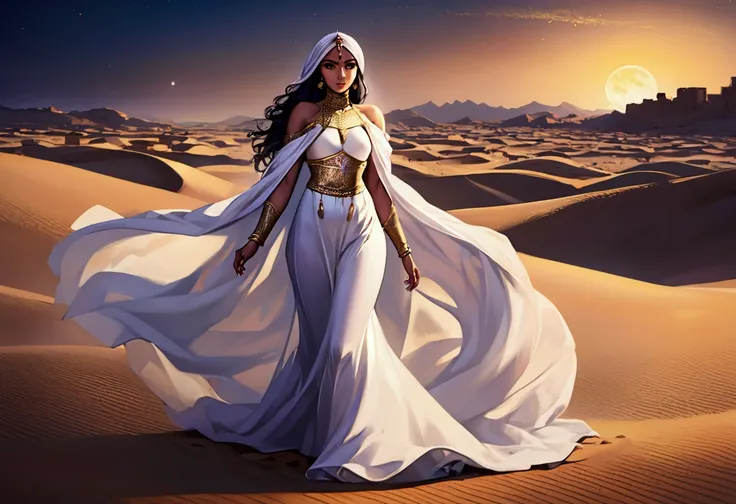 a beautiful young arabian woman, 25 years old, walking through the desert at night, wearing many fine layers of airy sheer fabric, dressed as an arabian princess, flanked by bodyguards, detailed face, beautiful eyes, detailed lips, long eyelashes, elegant ...