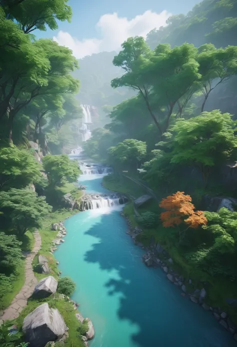 Realistic,style, Chroma V5, Enwinkpunk, (extremely detailed 8k CG unit wallpaper), majestic river image, Trees on both sides々There is, Small waterfall, Thick Fog, Award-winning photography, chromatic aberration, detailed, Human Development Report, bloom, 莫...