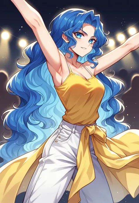 Woman, blue colored eyes, light eye tone blue hair, hair color tone too light, very long hair length, wavy hair style, middle parted hair hairstyle. wearing top, yellow top color, spaghetti strap sleeveless top style, Jeas pants, white pants color. Woman d...