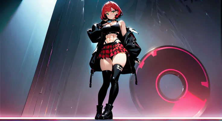 woman, curly red pixie cut hair, green eyes, wearing crop top black shirt, long black jacket, red plaid skirt, (black knee high boots), black fingerless gloves, exposed shoulders, (full body), large breasts freckles, cleavage, abs, looking at viewer, maste...