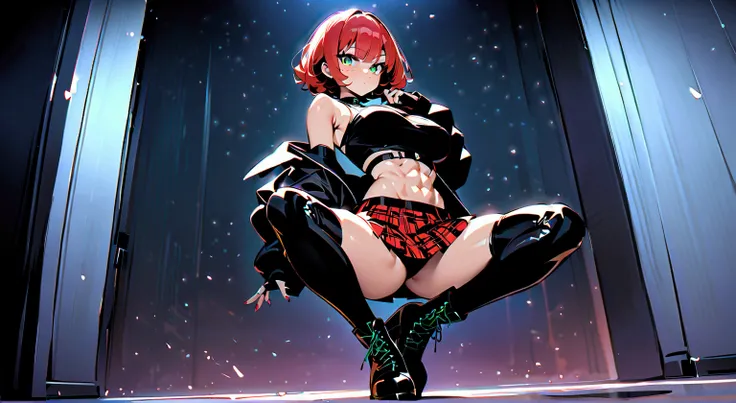 woman, curly red pixie cut hair, green eyes, wearing crop top black shirt, long black jacket, red plaid skirt, (black knee high boots), black fingerless gloves, exposed shoulders, (full body), large breasts freckles, cleavage, abs, looking at viewer, maste...