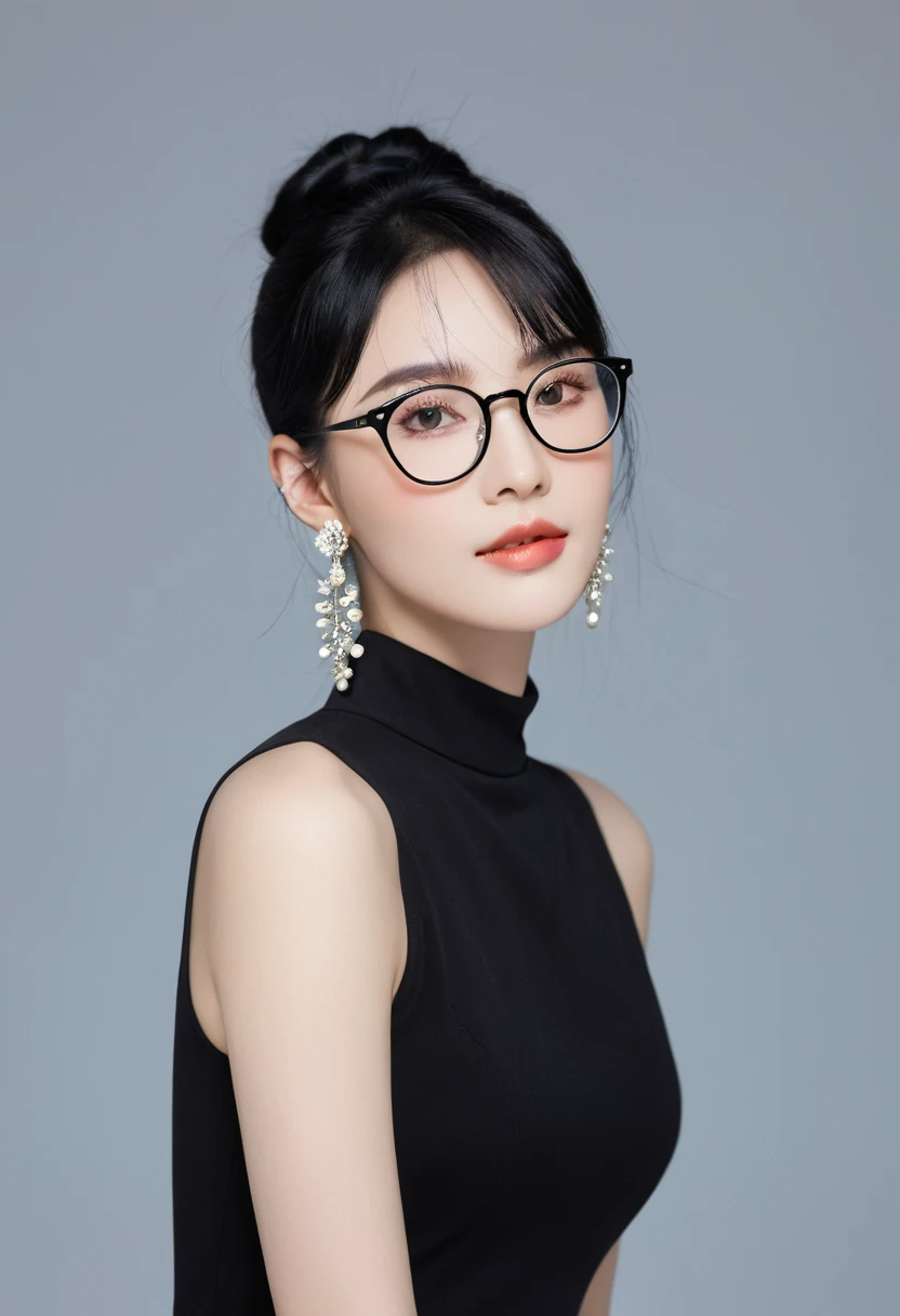 Black Hair, Glasses, Earrings, High quality, Feminization, 8K, masterpiece, best quality, Excellent details) , (High Saturation, Best shadow, The best light, Extremely fine bleaching) Dark Style