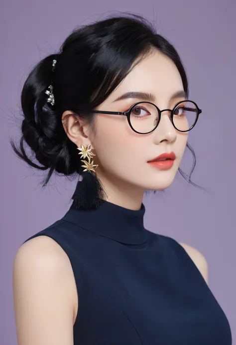 Black Hair, Glasses, Earrings, High quality, Feminization, 8K, masterpiece, best quality, Excellent details) , (High Saturation, Best shadow, The best light, Extremely fine bleaching) Dark Style