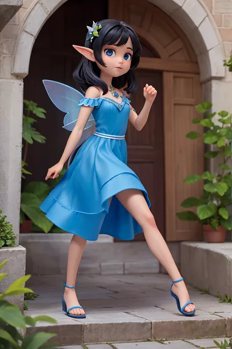 a beautiful fairy, have fair skin, black hair, smooth and long and dark eyes. she wears a blue dress, with blue sandals. 