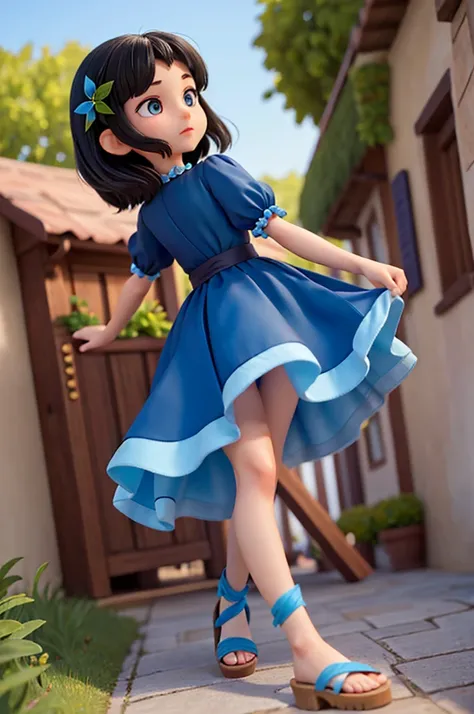 a beautiful fairy, have fair skin, black hair, smooth and long and dark eyes. she wears a blue dress, with blue sandals. 