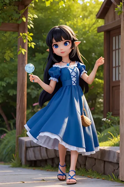 a beautiful fairy, have fair skin, black hair, smooth and long and dark eyes. she wears a blue dress, with blue sandals. 