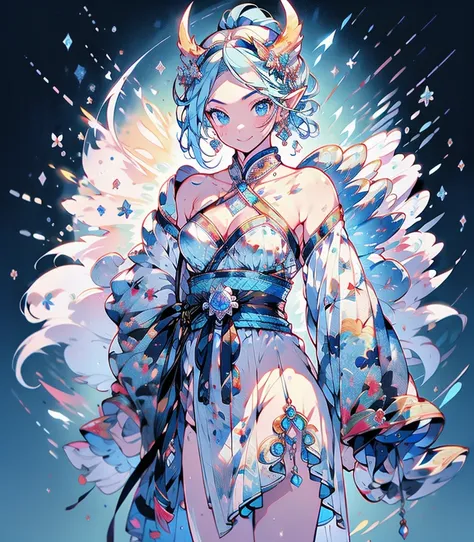 masterpiece, super high quality, ( 非常にdetailedなオリジナルイラスト),ice elf, Medium length elven ears, Pointed Ears,Around the ice, Frosty Theme,( 輝く黄colorい目:1.2), A light, cold smile, Arrogant look, Sexy Russian costume, blue crystal jewelry, Ice blue glowing tatto...