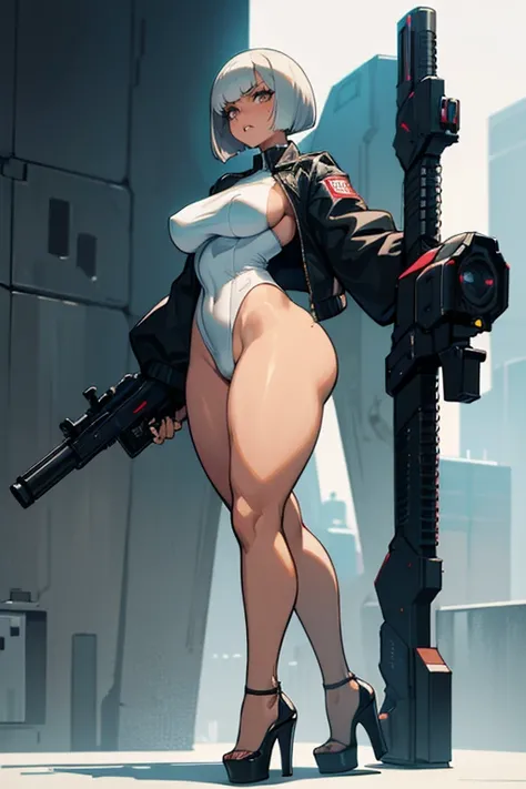  thick hips,  thick thighs, platform  heels, very high platform heels, high white high cut leotard, huge breast, thin waist, bob cut hair, weapon, tanned skin, gun, angry look, scream, thick body, muscle, cyberpunk,