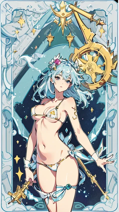 tarot cards,Hands together,Vulcan salute,attention, There is a halo behind the head,finely_detailed, perfect_Body, perfect_Eye, perfect_Face, perfect_finger,Yu-Gi-Oh card game style、(((Voluminous breasts 1.8)))、(((micro bikini 1.4)))、(Saggy breasts 1.4)、(C...