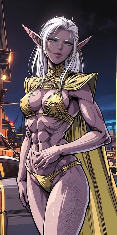 Subject:
1 Solo Female Drow Elf
Physical Description:
Purple Skin
Long White Hair
Strong Body with Abs
Shiny Skin (Ultra Quality)
Attire:
Yellow Tiger Bikini (underneath)
Red Cape (flowing)
Pose:
Standing Pose
Background:
Cinematic Street Scene (Atmospheri...