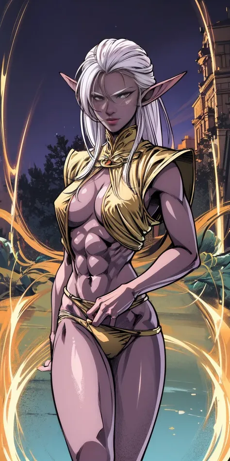 Subject:
1 Solo Female Drow Elf
Physical Description:
Purple Skin
Long White Hair
Strong Body with Abs
Shiny Skin (Ultra Quality)
Attire:
Yellow Tiger Bikini (underneath)
Red Cape (flowing)
Pose:
Standing Pose
Background:
Cinematic Street Scene (Atmospheri...