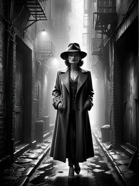 woman in overcoat and felt hat in dirty alley, raby, fog, 1940, detetive noir mad-sincity, (work of art:1.2), best qualityer, (h...