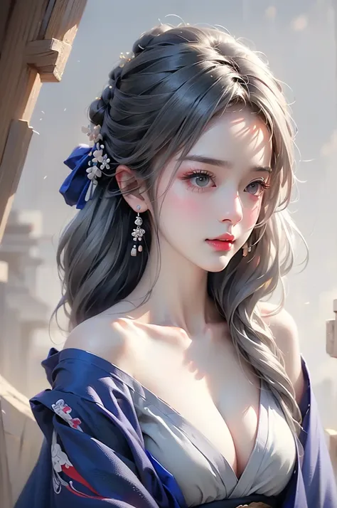 super high quality, masterpiece, Perfect illustration, Very detailed (Exquisite light and shadow, Very dramatic photo,Backlight) , ((Gray Hair:1.5))1 Girl,(( alone:1.6)), (Wearing Japanese clothes, Black and white kimono,Black Hanfu Monotony,Long sleeve、Tw...