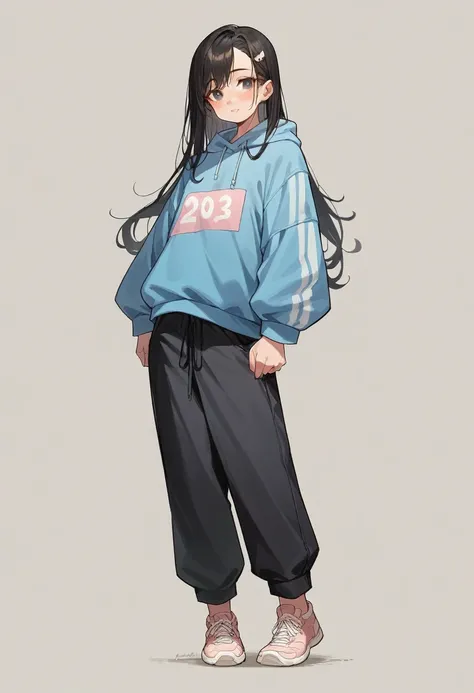 full body view】15 year old girl long straight black hair pink cheeks a beautiful brown look rounded nose fair skin with blue sweatshirt and black pants