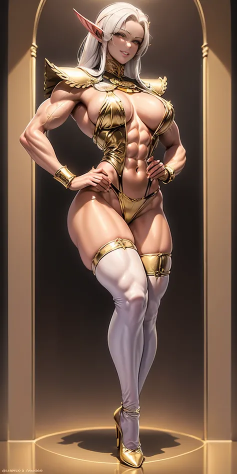 extremely long hair, ponytail, perfect anatomy 1 girl tall solo, slim thick, ((muscular)) high elf toned body, golden breast plate, golden cape, slender abs, hourglass waist, detailed face, defined cheekbones, puffy lips, goldengauntlets, gold crown, shado...