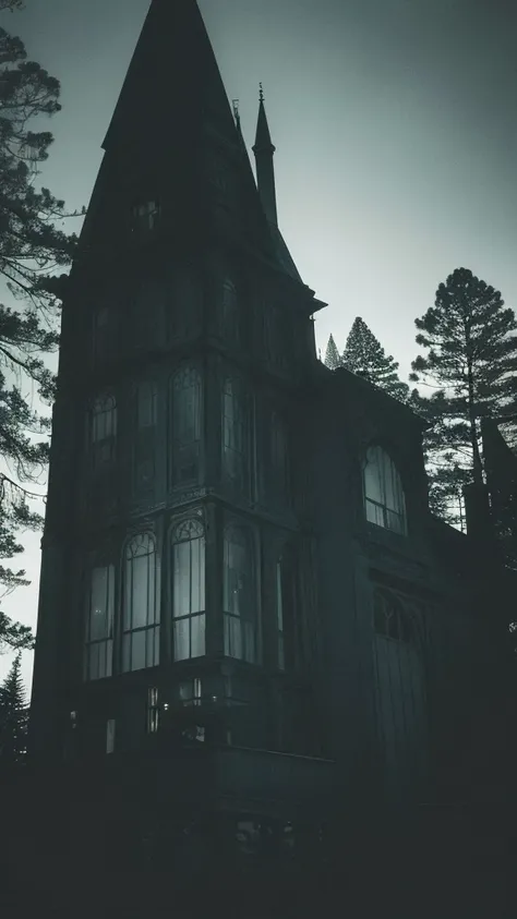 a dark mansion in a pine forest, moonlit night, dark silhouette of a figure, eerie atmosphere, moody lighting, detailed architectural elements, gloomy mood, dramatic shadows, photorealistic, cinematic, muted color palette, gothic, horror, mystery, monster,...