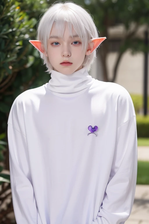 A 15 year old boy with short to medium length white hair and red bangs, albino skin, purple eyes with stellar pupils, elf ears and a black long-sleeved, turtleneck shirt, a heart tattoo on the cheek