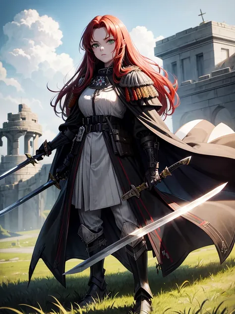 Portrait, Beautiful, majestic, warrior woman, solo-girl, (long red hair:1.1), pale white skin, green eyes, narrow eyes, (black battle coat:1.4), grey shoulder pads, grey gauntlets, grey metal boots, holding a sword, standing in a grassy field