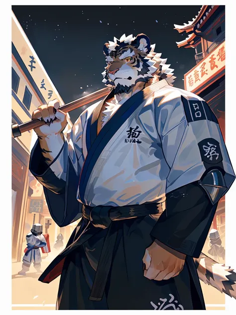 (White skintiger),(上Half Body赤膊:1.7),(Martial Arts衣服:1.4),(Holding a long sword),(Great posture),Standing quietly,(The background is a city full of ancient atmosphere，There are many busy vendors in the city:1.5),(abdominal muscles),Heroic Stance飒爽,完美的maste...