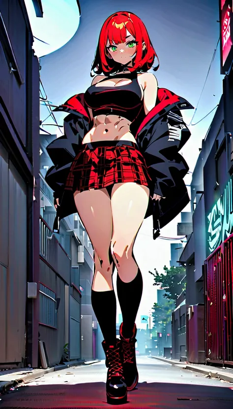 woman, curly red pixie cut hair, green eyes, wearing crop top black shirt, long black jacket, red plaid skirt, (black knee high boots), black fingerless gloves, exposed shoulders, (full body), large breasts freckles, cleavage, abs, looking at viewer, maste...