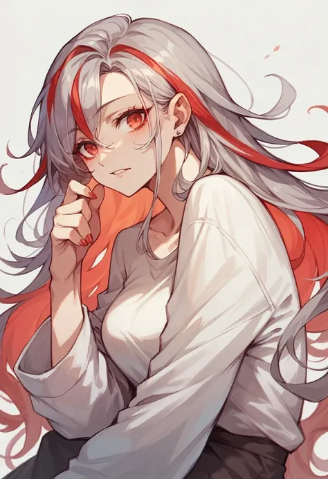 Long hair girl, wavy and silver with red highlights
