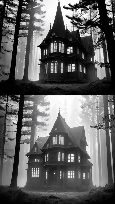 a dark mansion in a pine forest, moonlit night, dark silhouette of a figure, eerie atmosphere, sunshire lighting, detailed architectural elements, gloomy mood, dramatic shadows, photorealistic, cinematic, muted color palette, gothic, horror, mystery, monst...