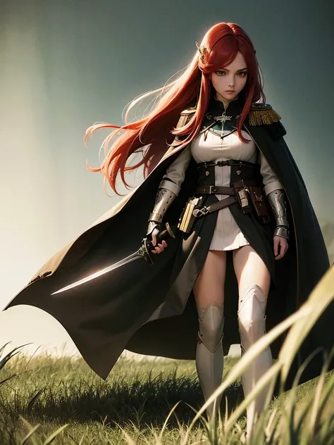 Portrait, Beautiful, majestic, warrior woman, solo-girl, (long red hair:1.1), pale white skin, green eyes, narrow eyes, (black battle coat:1.4), grey shoulder pads, grey gauntlets, grey metal boots, holding a sword, standing in a grassy field