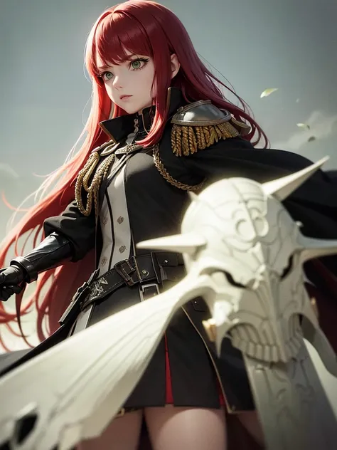 Portrait, Beautiful, majestic, warrior woman, solo-girl, (long red hair:1.1), pale white skin, green eyes, narrow eyes, (black battle coat:1.4), grey shoulder pads, grey gauntlets, grey metal boots, holding a sword, standing in a grassy field