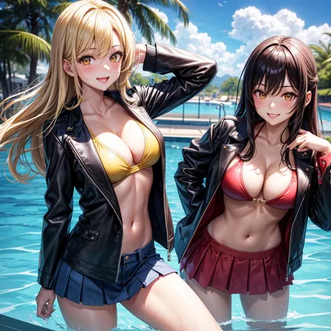 best quality，，smile，blazer，middle School girls，leather jacket，beautiful girl,swimsuit,比基尼,multiple girls are depicted，harem，idol group，photo shoot，long hair，highest quality，big breasts，happy girl,horny girl，yellow eyes，Pool，Beautiful Girl Country，Beautiful...