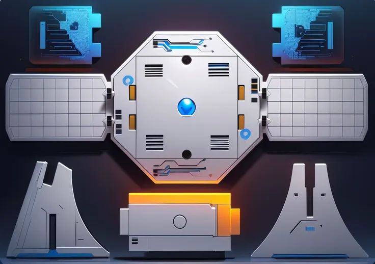 highly detailed panel cuts, highly detailed panel cuts,plan of a small space station with computers, parts and components, simpl...