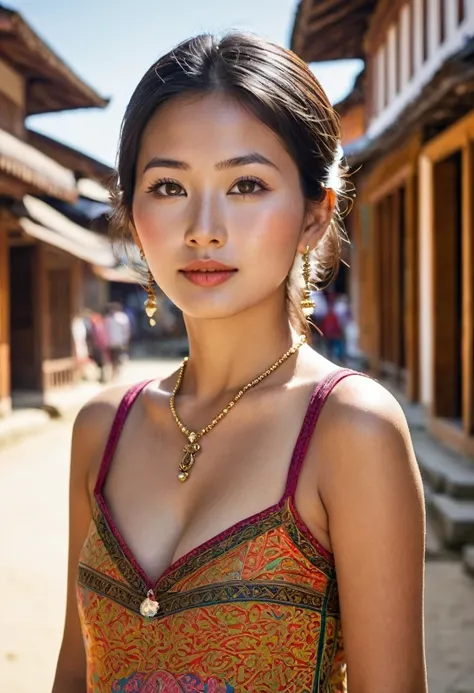 cambodia woman in traditional cambodian teunue in Paro in the heart of cambodia, wear cambodia traditional, photography of stunning girl, in the city, enjoying, girl, summer, hot girl, (((small bust))), brunette hair, looks into the camera, symmetrical fac...