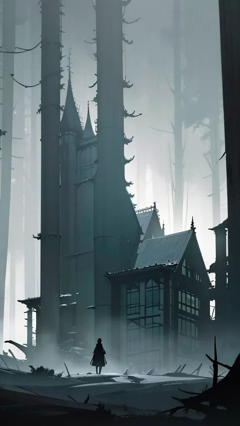 a dark mansion in a pine forest, moonlit night, dark silhouette of a figure, eerie atmosphere, sunshire lighting, detailed architectural elements, gloomy mood, dramatic shadows, photorealistic, cinematic, muted color palette, gothic, horror, mystery, monst...