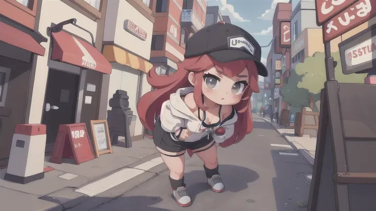 masterpiece,1girl,solo,long hair,bikini, Red hair,hoodie,off shoulder:1.2, mob cap, street,hand on hip, hand in pocket,
